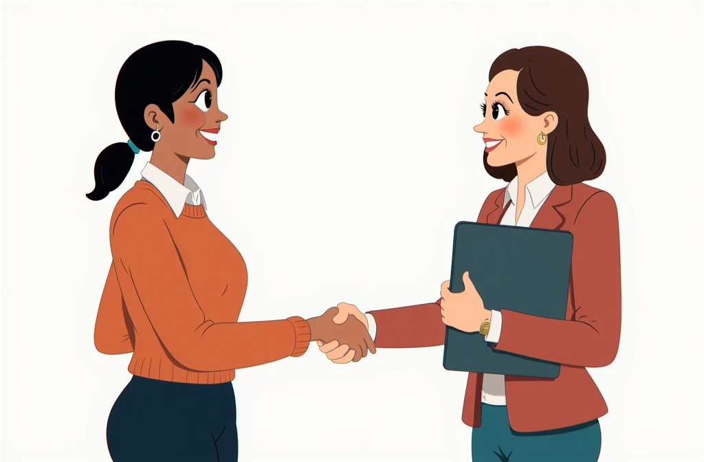 A vibrant scene capturing two professional women shaking hands in a minimalist office environment. Both are dressed in smart casual clothes; one is holding a file, the other a digital tablet. The warmth and trust in their expressions symbolise collaboration and partnership. The background is plain white, emphasising their interaction.