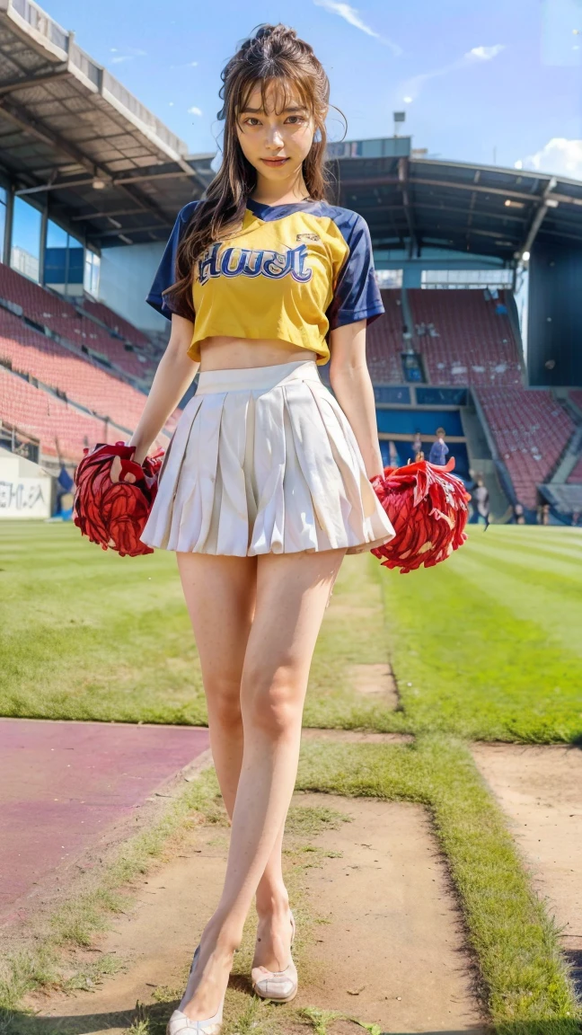 masterpiece、Highest quality、Detailed face、Japanese women、Woman in her 20s、Stadium、Cheerleader、Dynamic pose、Skirt flips、Jump、squat