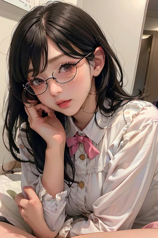 (( best quality)), ((傑 best quality、masterpiece、High sensitivity、 high definition 、 Details、 Delicate Facial Description)), Slender woman、Glasses、round-collared shirt、 micro miniskirt、 pink lipstick on right hand、Lie down、