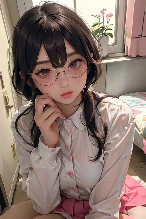 (( best quality)), ((傑 best quality、masterpiece、High sensitivity、 high definition 、 Details、 Delicate Facial Description)), Slender woman、Glasses、round-collared shirt、 micro miniskirt、 pink lipstick on right hand、Lie down、