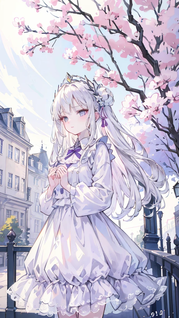 masterpiece,  Excellent Work , daytime, Outdoor, Falling Flowers,  white dress,  1 girl, Perfect Woman,  Woman with long silver white hair,  gray-blue eyes ,  light pink lips , Cold, serious, Bang,  purple eyes ,  white clothes ,  Black Clothing Collection ,  exquisite face , Refined appearance,  Standing and bowing , tassel, Happy Knot ,  Smile