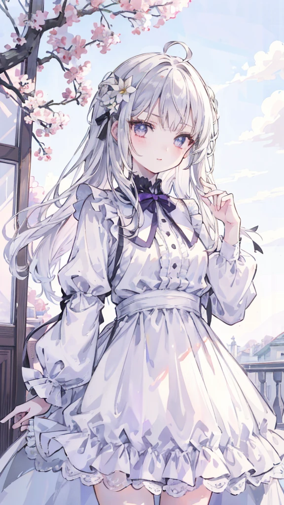 masterpiece,  Excellent Work , daytime, Outdoor, Falling Flowers,  white dress,  1 girl, Perfect Woman,  Woman with long silver white hair,  gray-blue eyes ,  light pink lips , Cold, serious, Bang,  purple eyes ,  white clothes ,  Black Clothing Collection ,  exquisite face , Refined appearance,  Standing and bowing , tassel, Happy Knot ,  Smile