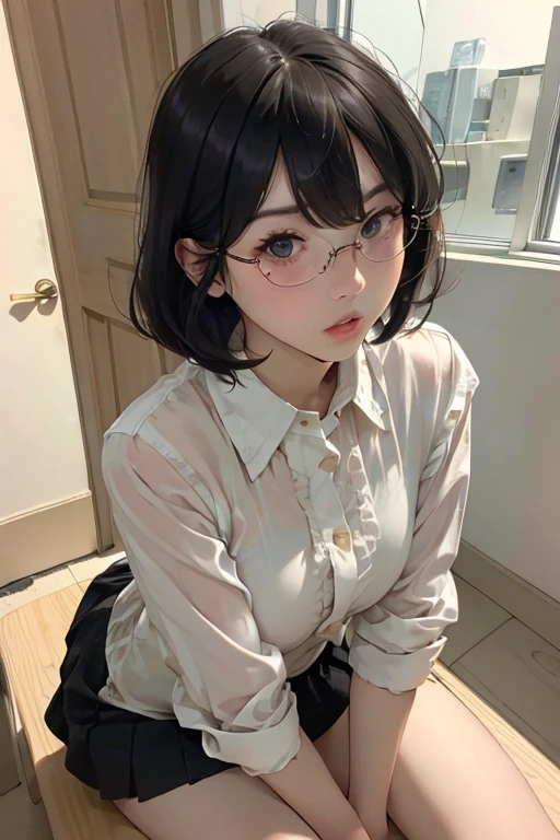 (( best quality)), ((傑 best quality、masterpiece、High sensitivity、 high definition 、 Details、 Delicate Facial Description)), Slender woman、Glasses、round-collared shirt、 micro miniskirt、Knees up、