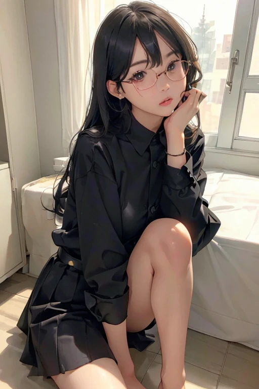 (( best quality)), ((傑 best quality、masterpiece、High sensitivity、 high definition 、 Details、 Delicate Facial Description)), Slender woman、Glasses、round-collared shirt、 micro miniskirt、Knees up、