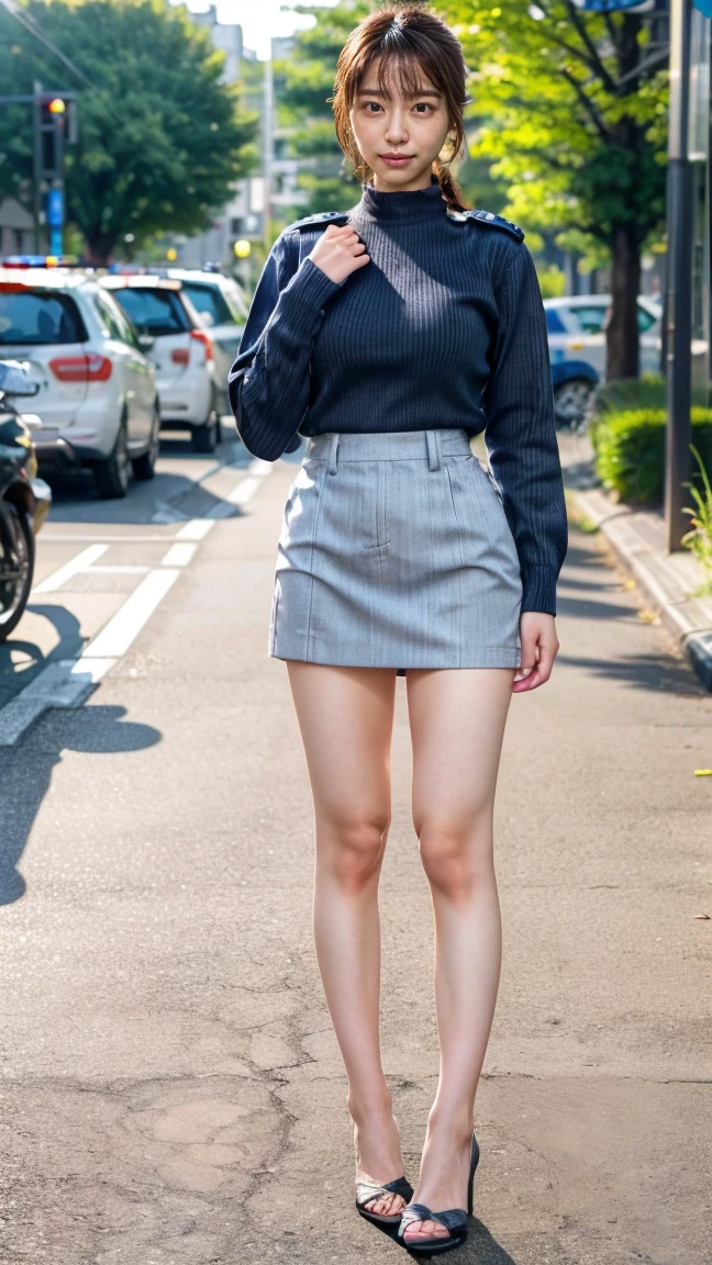 beautiful Japanese woman, 22 years old, perfect anatomy, healthy thighs, beautiful legs, beautiful skin, random hair color, random hairstyle, large breasts, female police officer, (Japanese police uniform:1.3), (miniskirt:1.3), full body shot, high heels, city street, (best quality, 4k, 8k, highres, masterpiece:1.3), (extremely detailed:1.2)