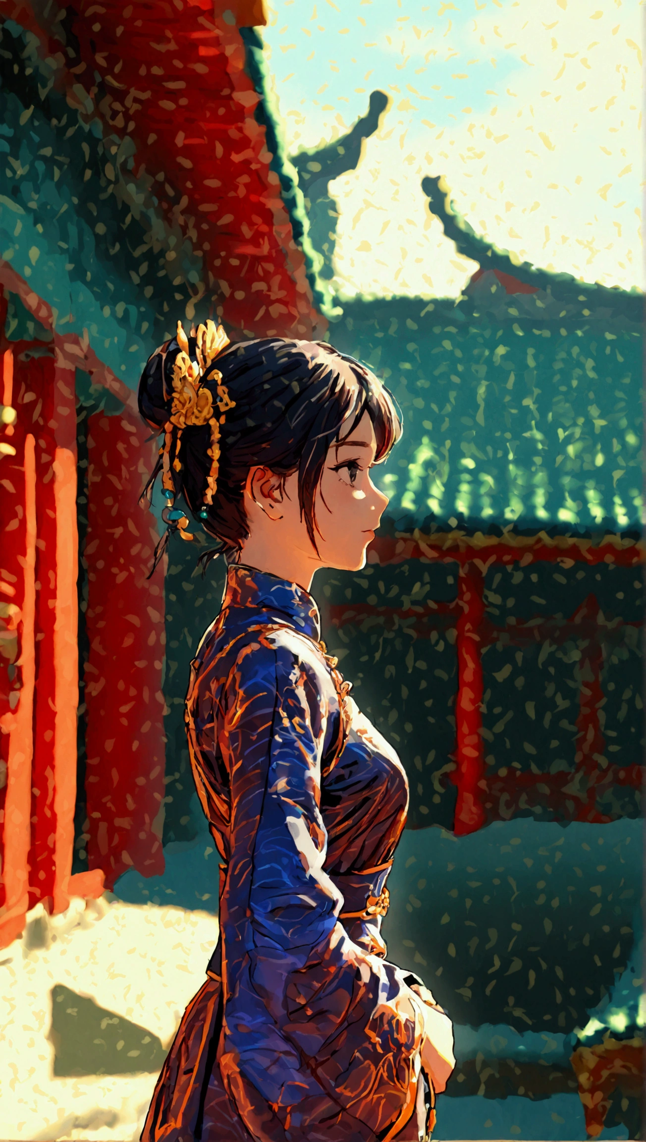 A girl, wearing a purple and black robe, stands in a Chinese-style building