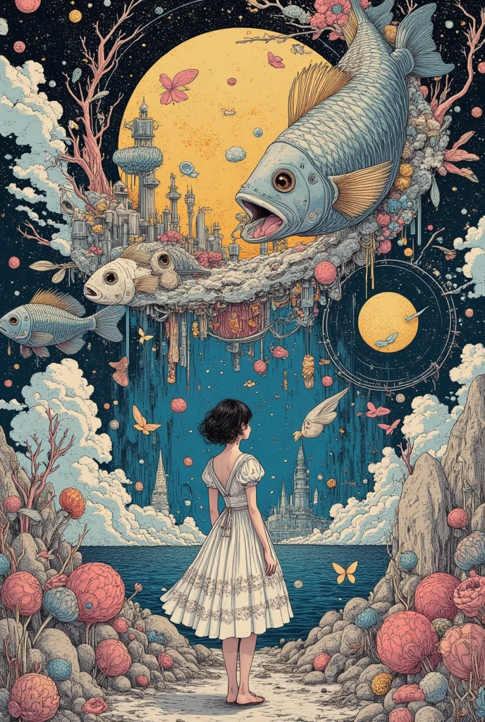 A large expanse of water in space, beautiful landscape. beautiful super gigantic huge realistic fish and chips. photogenic. focus fish and chips,close up gigantic fish and chips. girl wearing Victorian gown, British Decoration