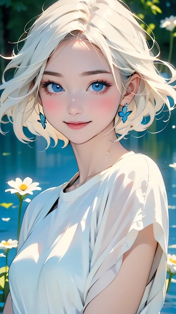 (masterpiece, highest quality, highest quality, Beautiful and beautiful:1.2), (Good anatomy:1.5), Focus on the eyes, whole body, See-through, Milky white hair girl, Transparent butterfly liquid costume, Adorable smile, looking at the camera, Diffuse reflection of light, Water light, Water flower, Water Bouquet