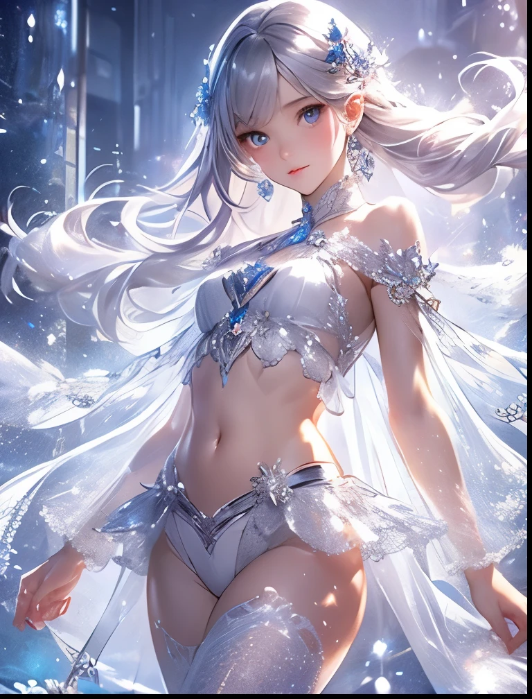 （（（ＳＦＷ、Precision、Highest quality、A first-class masterpiece、Normal body、8k、  Detailed Face 、Ultra-precision、 Normal hand、５refer to、Highest）））、Clean, pretty, ish, and cute silver-haired girl wearing a transparent, super high-leg costume that shows through her belly