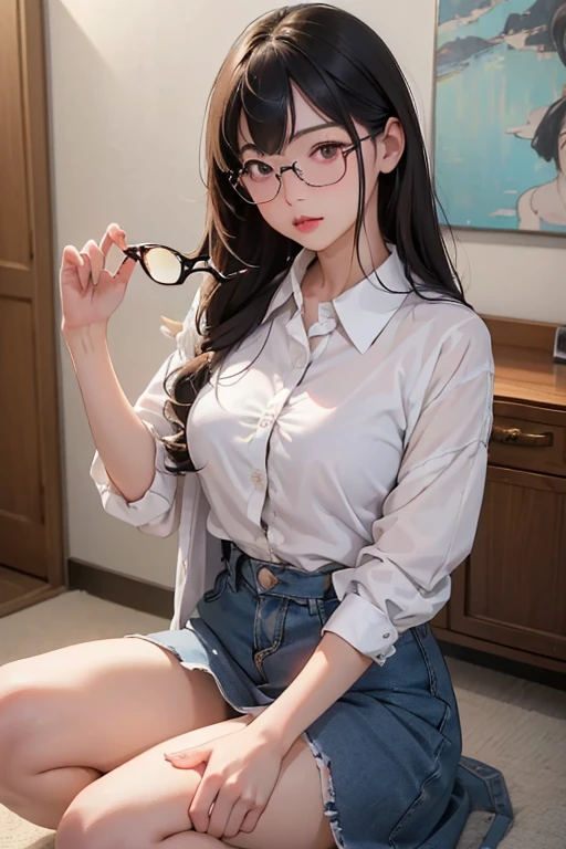 (( best quality)), ((傑 best quality、masterpiece、High sensitivity、 high definition 、 Details、 Delicate Facial Description)), Slender woman、Glasses、round-collared shirt、 micro miniskirt、 pink lipstick on right hand、Crouch down、