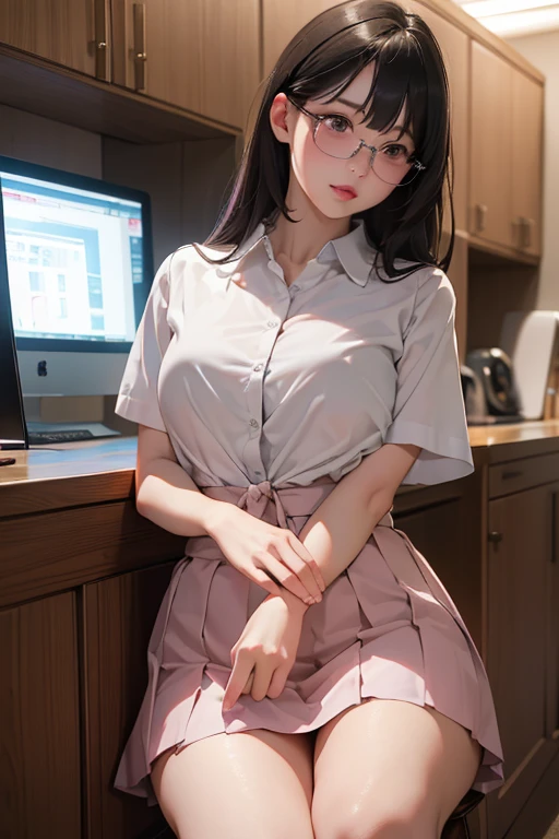 (( best quality)), ((傑 best quality、masterpiece、High sensitivity、 high definition 、 Details、 Delicate Facial Description)), Slender woman、Glasses、round-collared shirt、 micro miniskirt、 pink lipstick on right hand、Crouch down、