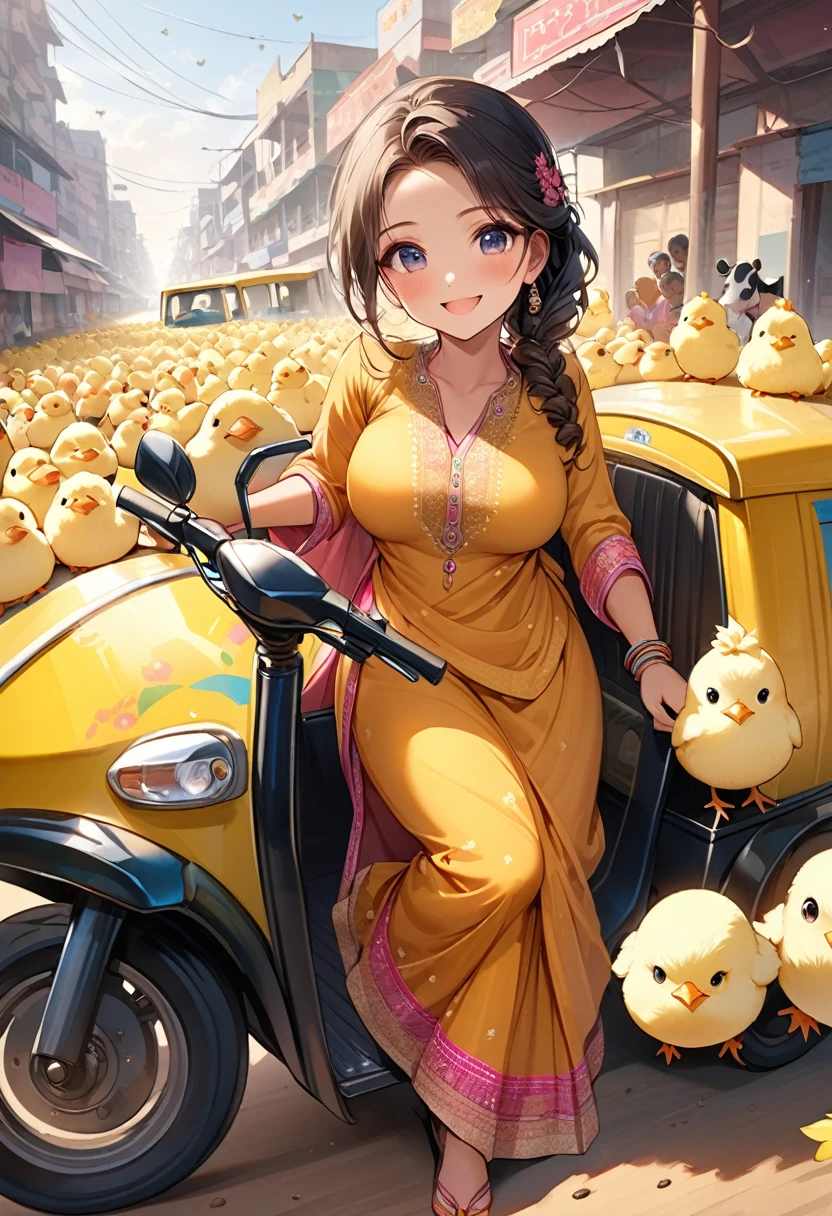 (masterpiece, ultra-detailed, best quality, clear focus, dramatic scene, cinematic), shadow, (ultra-high resolution, 8k), perfect anatomy, perfect face, (detailed face, detailed eye, chibi), cute Japanese chibi girl, famous Japanese chibi idol, very beautiful and cute and cool face, (wearing a cute colored Indian punjabi suits with Indian accessories:1.3), (very large breasts), (She is driving the autorickshaw in India:1.3), with many chicks, (cows are walking around her:1.2), (detailed chicks and cows:1.3), happy smile, Indian downtown, dirt road 