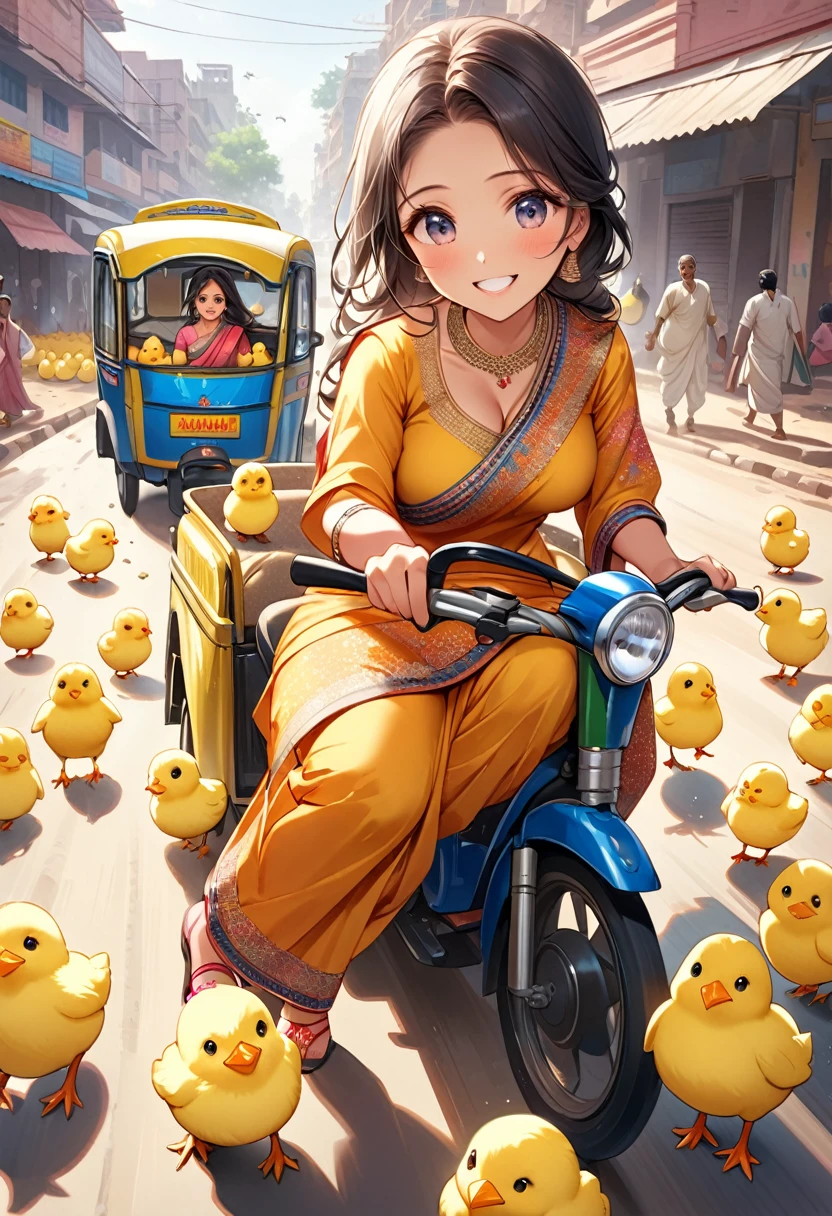 (masterpiece, ultra-detailed, best quality, clear focus, dramatic scene, cinematic), shadow, (ultra-high resolution, 8k), perfect anatomy, perfect face, (detailed face, detailed eye, chibi), cute Japanese chibi girl, famous Japanese chibi idol, very beautiful and cute and cool face, (wearing a cute colored Indian punjabi suits with Indian accessories:1.3), (very large breasts), (She is driving the autorickshaw in India:1.3), with many chicks, (cows are walking around her:1.2), (detailed chicks and cows:1.3), happy smile, Indian downtown, dirt road 