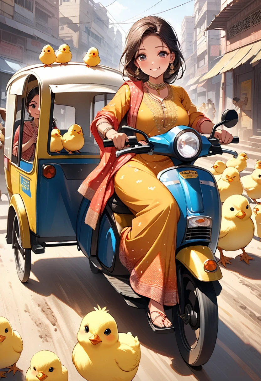 (masterpiece, ultra-detailed, best quality, clear focus, dramatic scene, cinematic), shadow, (ultra-high resolution, 8k), perfect anatomy, perfect face, (detailed face, detailed eye, chibi), cute Japanese chibi girl, famous Japanese chibi idol, very beautiful and cute and cool face, (wearing a cute colored Indian punjabi suits with Indian accessories:1.3), (very large breasts), (She is driving the autorickshaw in India:1.3), with many chicks, (cows are walking around her:1.2), (detailed chicks and cows:1.3), happy smile, Indian downtown, dirt road 