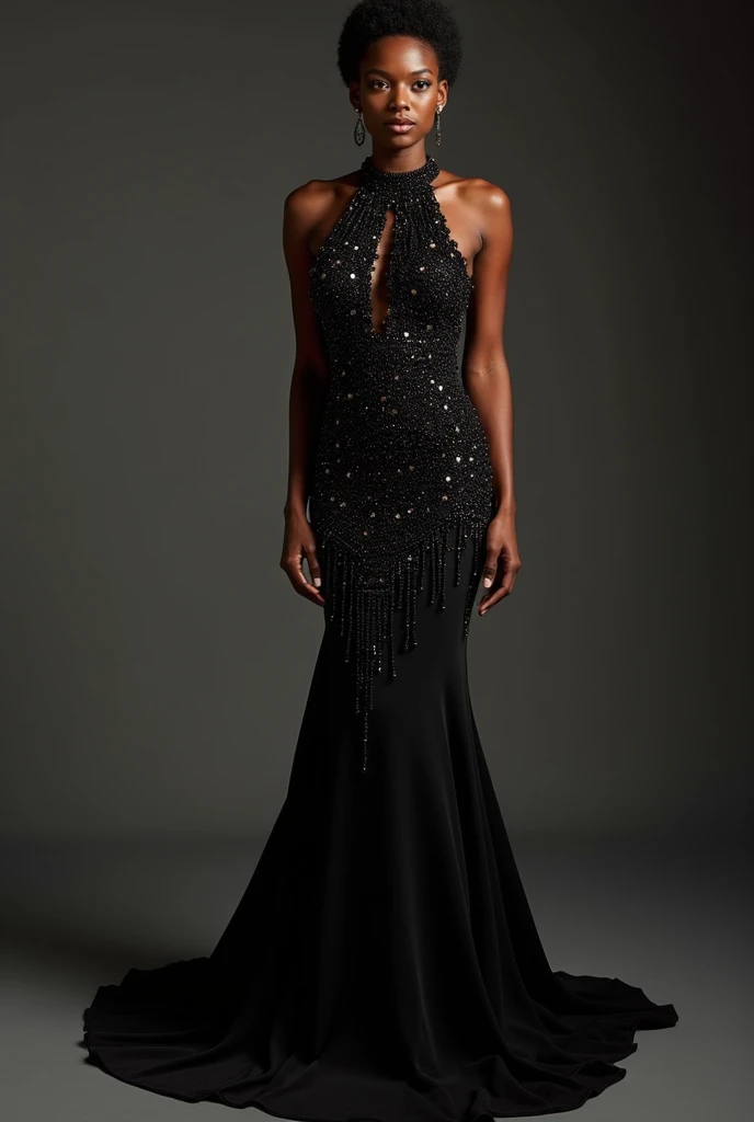 A tall thin black woman with brown hair in two boxer braids, wearing a turtleneck dress, long with silver stones and silver graduation. Bare shoulders and arms. The dress must be long
