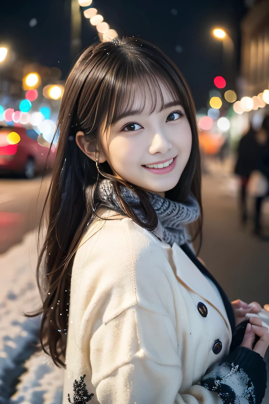 (One girl、she has a gift box in her hand、She has a shy smile and her hair is blowing in the wind.。 :1.3)、(Snowy winter night street corner with Christmas lights:1.5)、(Perfect Anatomy:1.3)、(No mask:1.3)、(complete fingers:1.Phototriaritic、Photography、masutepiece、top-quality、High resolution, delicate and pretty、face perfect、Delicate and beautiful air skin around the eyes、Real Human Skin、pores、(Dark hair),((no-makeup))、(realistic、Photorealistic、Ultra-detailed、Highest Details Skins、top-quality、​masterpiece、超A high resolution)、Cute Japan Woman、、hi-school girl、younggirl、1 girl in、I have bangs、 double eyelids、drooing eyes、Large black eyes、Charming、purity、Cute smile、Natural smile、View here、Realistic skin type、Thick muffler、knit sweater fluffy hair、((hair in scarf))、The wind is blowing、It's snowing、illuminations、Lighting from behind、Medium Bob Cut、Do not show ears，eyes are big，slightly flabby eyes，no-makeup，((large udder))，((Voluminous bust))