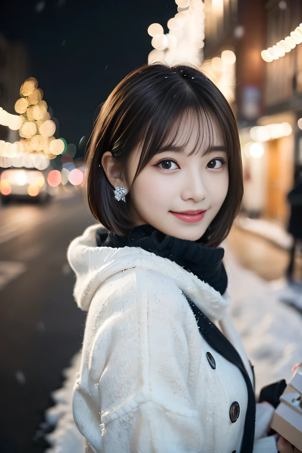 (One girl、she has a gift box in her hand、She has a shy smile and her hair is blowing in the wind.。 :1.3)、(Snowy winter night street corner with Christmas lights:1.5)、(Perfect Anatomy:1.3)、(No mask:1.3)、(complete fingers:1.Phototriaritic、Photography、masutepiece、top-quality、High resolution, delicate and pretty、face perfect、Delicate and beautiful air skin around the eyes、Real Human Skin、pores、(Dark hair),((no-makeup))、(realistic、Photorealistic、Ultra-detailed、Highest Details Skins、top-quality、​masterpiece、超A high resolution)、Cute Japan Woman、、hi-school girl、younggirl、1 girl in、I have bangs、 double eyelids、drooing eyes、Large black eyes、Charming、purity、Cute smile、Natural smile、View here、Realistic skin type、Thick muffler、knit sweater fluffy hair、((hair in scarf))、The wind is blowing、It's snowing、illuminations、Lighting from behind、Medium Bob Cut、Do not show ears，eyes are big，slightly flabby eyes，no-makeup，((large udder))，((Voluminous bust))