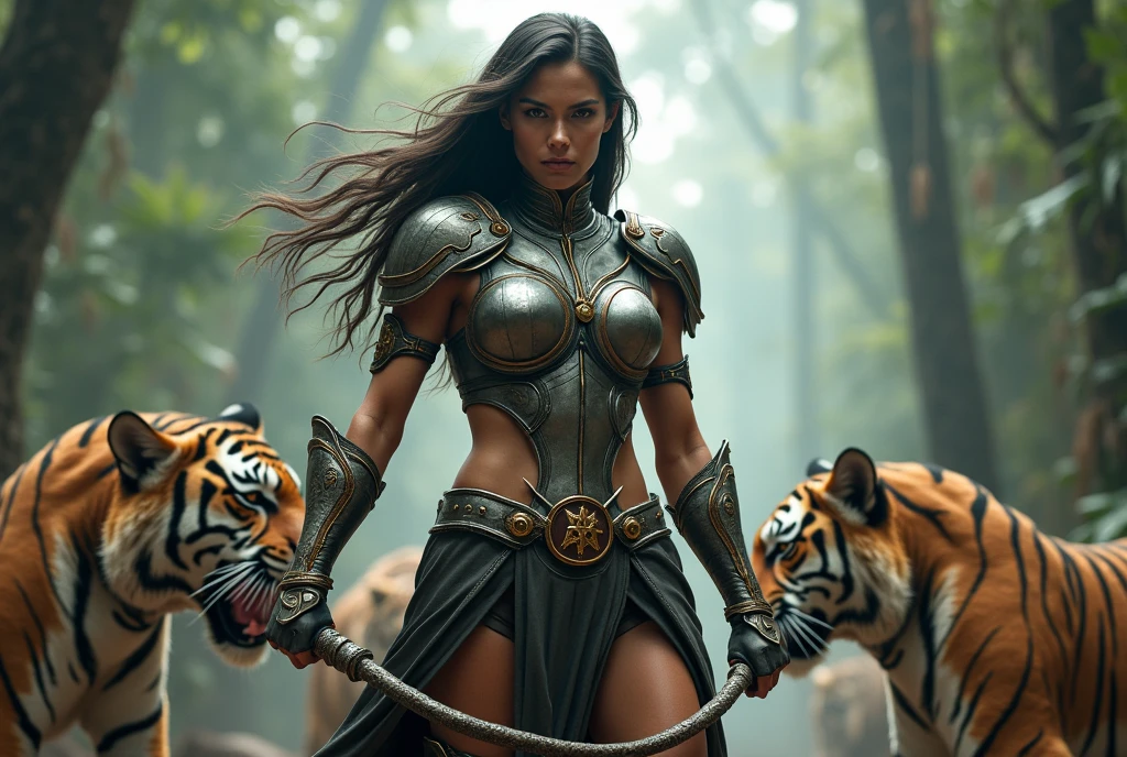 girl is depicted as a striking and powerful figure with a strong, confident presence. She is dressed in a futuristic, cybernetic outfit that accentuates her form. Her attire is a blend of armor and sleek design, featuring red and silver tones that highlight her physique. The outfit includes intricate details, such as metal components and glowing elements, giving her a high-tech, warrior-like appearance. A giant wild saber-toothed tiger

Her long dark hair flows behind her, and she has a focused, determined expression on her face. The girl also wears a headpiece or tiara, adding to her regal and formidable look. She appears to be walking with purpose, and behind her is a massive, fierce-looking tiger that further emphasizes her powerful and protective nature. The overall scene suggests that she is a guardian or warrior, possibly in a sci-fi or fantasy setting, and the tiger seems to be her companion or protector.  A giant wild saber-toothed tiger