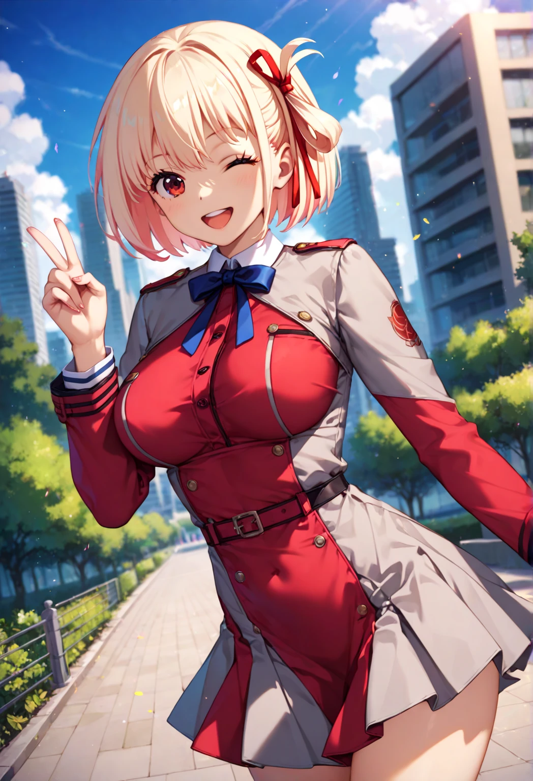 masterpiece, best quality, NSFW, 1girl, game cg nishikigi chisato, bob cut, hair ribbon, lycoris uniform, two-tone dress, red dress, grey dress, neck ribbon, long sleeves, large breasts, park, sky, cityscape, wink, standing, finger V, open mouth, happy, smile