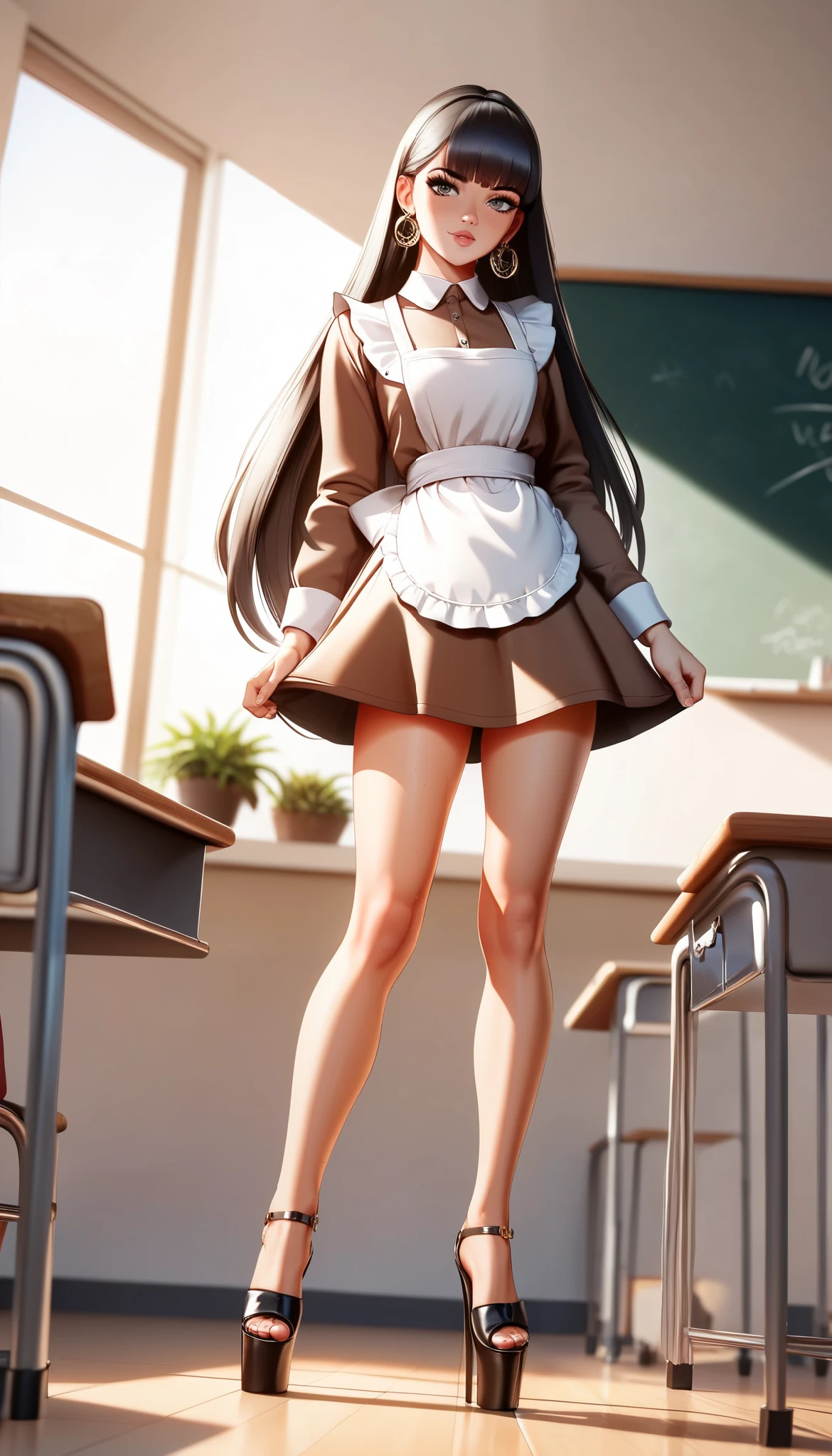 (Perfect Anatomy), Masterpiece, Ultra High Quality, 8k, masterpiece, Highest quality, Ultra-high resolution, Maximum resolution, Very detailed, Professional Lighting, anime, young female, 1 japanese 1 female, Komi Shuuko, thin teen, so beautiful, Highly detailed eye, Highly detailed face, Golden earrings, Ink Hair, Grey eyes, Straight bangs, full body, standing, (wearing a (brown short dress with lace white apron)), short brown dress, (classroom indoors theme), (tan stockings), (high heels) (platform shoes), show her wet inner thighs