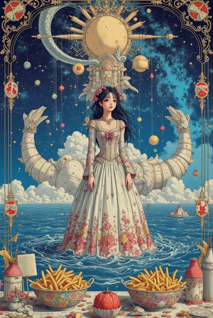 A large expanse of water in space, beautiful landscape. beautiful super gigantic huge realistic dish of fish and chips. photogenic. focus fish and chips,close up gigantic fish and chips. girl wearing Victorian gown, British Decoration