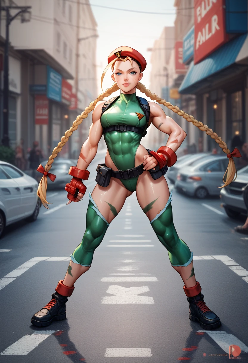 Cammy white from street fighter, two braids, view, reflective skin, shiny skin, on the street, street background