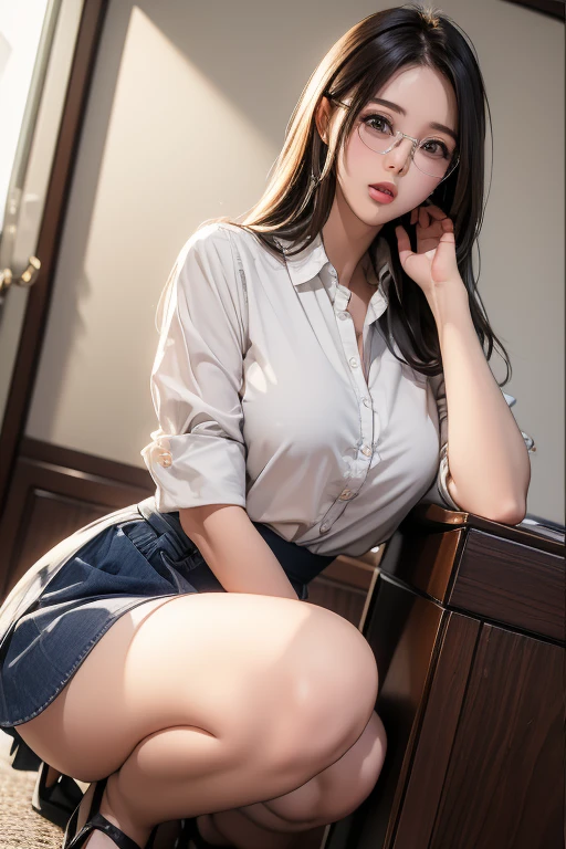 (( best quality)), ((傑 best quality、masterpiece、High sensitivity、 high definition 、 Details、 Delicate Facial Description)), Slender woman、Glasses、round-collared shirt、 micro miniskirt、Crouched down、