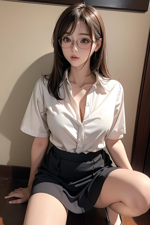 (( best quality)), ((傑 best quality、masterpiece、High sensitivity、 high definition 、 Details、 Delicate Facial Description)), Slender woman、Glasses、round-collared shirt、 micro miniskirt、Crouched down、