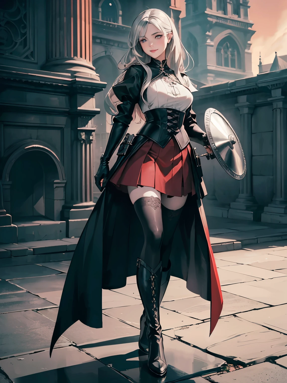 masterpiece, accurate, high quality, super detail, best quality, 8k, ((wearing dark-red traditional flared skirt)), An illustration for light novels with fine lines and medium saturation. A refined Kaihime-like woman stands on a rooftop looking at the dawn sky, (smiling faintly) She wears a gothic-style dress in charcoal with pale pink and silver accents, charcoal stockings, leather boots, and long silver gloves with charcoal fingertips., cinematic lighting, chiaroscuro, masterpiece, accurate, high quality, super detail, best quality, ultra-detailed, (looking at viewer), wearing white elegant blouse, well-proportioned body shape, ultra-detailed, carrying a black huge  shield 