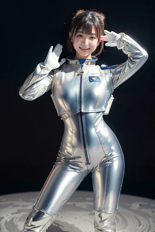  outer space 、Space Suit、Plump beauty、 front zipper halfway with the light in front、Shiny Material 、 greatest masterpiece、High definition high image quality 、 Photographic Realism、4K resolution、Inside the spaceship、ピチピチなSpace Suit、latex、 White Glove、 boots、smile、Stand and salute、SF、Open the 