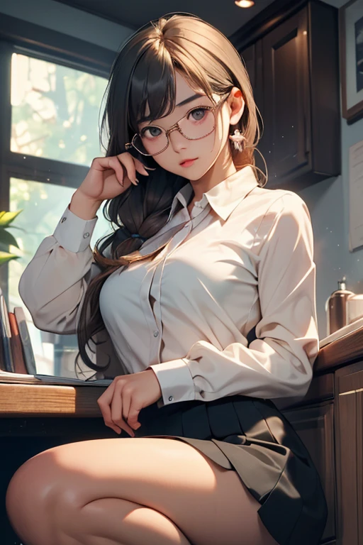 (( best quality)), ((傑 best quality、masterpiece、High sensitivity、 high definition 、 Details、 Delicate Facial Description)), Slender woman、Glasses、round-collared shirt、 micro miniskirt、Crouched down、