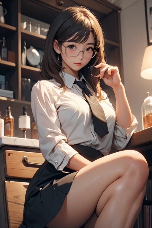 (( best quality)), ((傑 best quality、masterpiece、High sensitivity、 high definition 、 Details、 Delicate Facial Description)), Slender woman、Glasses、round-collared shirt、 micro miniskirt、Crouched down、