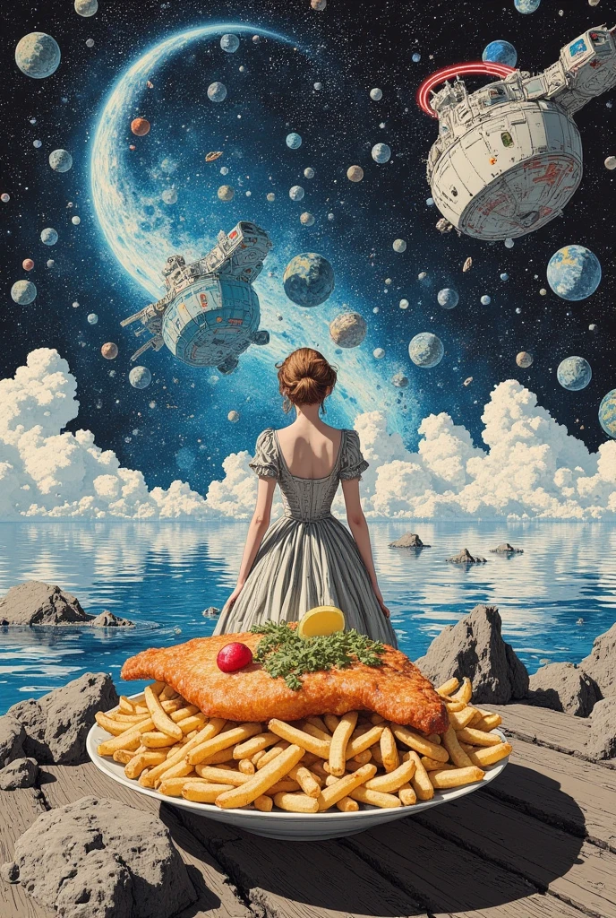 A large expanse of water in space, beautiful landscape. beautiful super gigantic huge realistic dish of fish and chips. photogenic. focus dish of fish and chips,close up gigantic dish of fish and chips. girl wearing Victorian gown, British Decoration