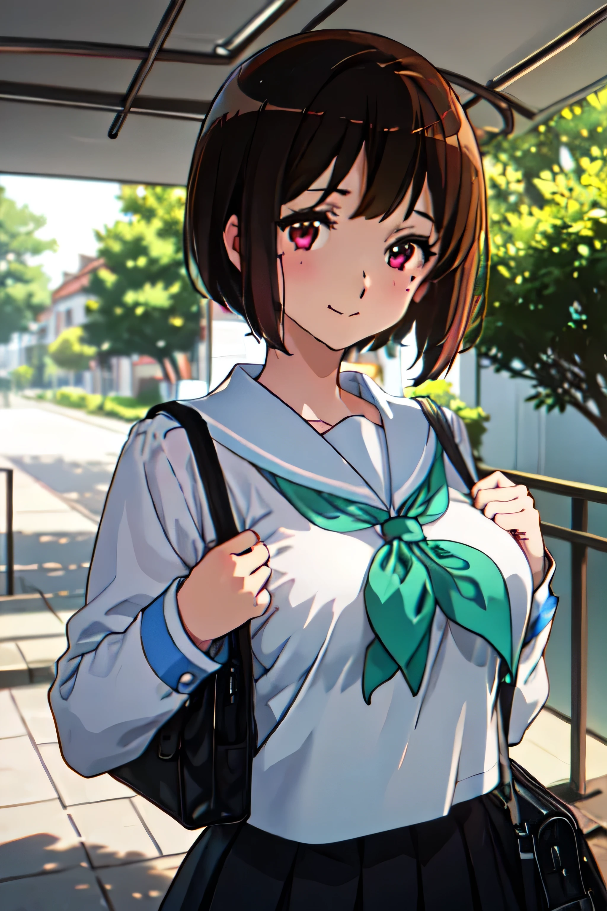  best quality, masterpiece, High res, Alone, {Nakaseko_Kaori_SoundEuphonium:1.15}, short_hair, brown_hair, mole_Down_eye, , red_eyes, 前hair,  1 girl , brown_ shirt, closure_mouth, Watching_ viewer, Outdoor, Sailor服, School_uniform,  shirt, smile, white_Sailor_ color, bag, green_ Neckerchief , colorbone, length_sleeve, with very big breasts , breast,white色のブラジャー