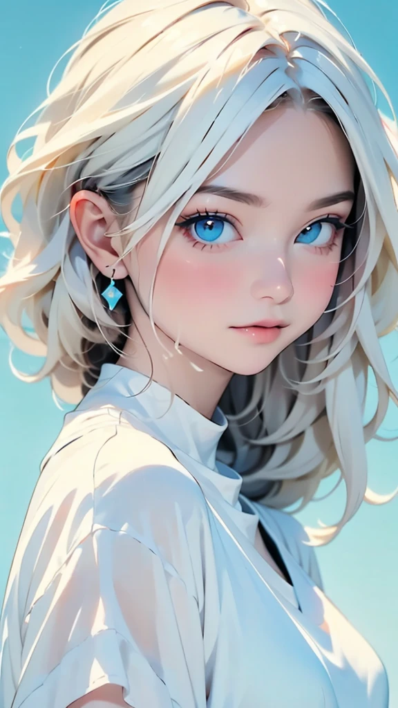 (masterpiece, best quality:1.2), 8k, 85mm, raw photo, absurdres, white and cyan theme, (liquid clothes, liquid dress:1.4), white hair, gradient dress, delicate girl, upper body, close up face, shiny skin, teen, looking at viewer, HDR, sharp focus, particle, twilight sky, detailed eyes and face, white hair, simple background