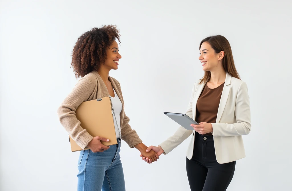 A vibrant scene capturing two professional women shaking hands in a minimalist office environment. Both are dressed in smart casual clothes; one is holding a file, the other a digital tablet. The warmth and trust in their expressions symbolise collaboration and partnership. The background is plain white, emphasising their interaction.