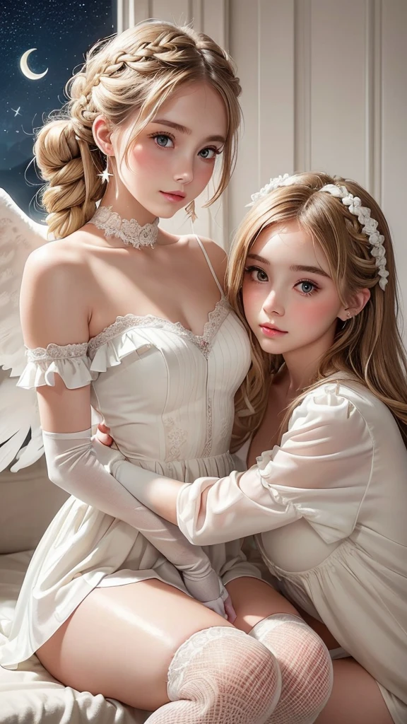 (Two beautiful girls:1.3), ((Best Quality)), ((masterpiece)), (detailed), (French braid), (blonde hair), Romantic low bun, Elbow gloves, Small breasts, vintage slip, knee high socks with frill, (Blushed), (cheek:1.3), shame, Confused, earrings, Silky white skin, Thin eyebrows, (angel halo above the head:1.1), (angel's wing), dark background, stars, moon