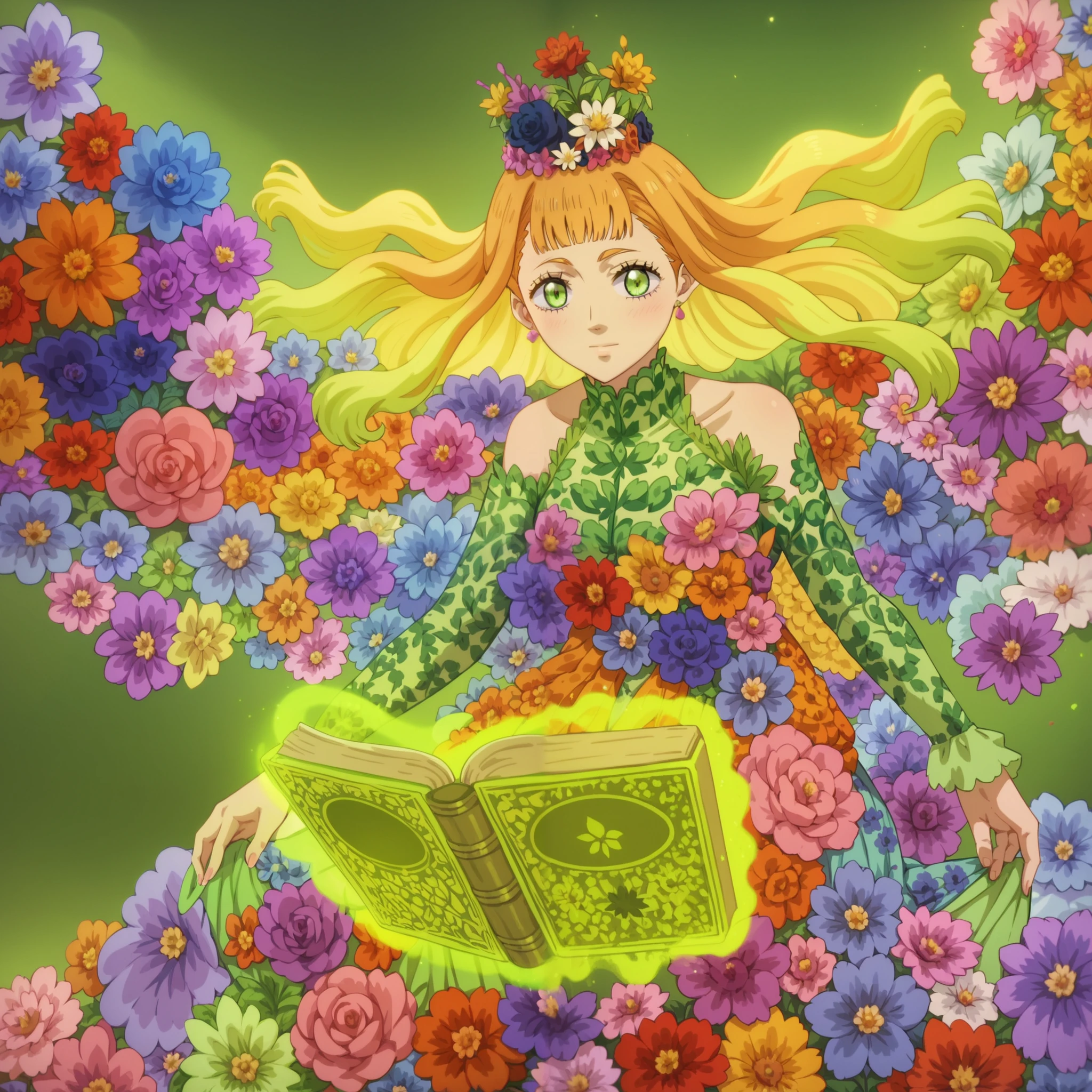 score_9, score_8_up, score_7_up, (black clover style, mimosa_vermillion), (1girl, solo), (orange hair, wave long hair), floral crown, floral dress, floral magic, floating magic spell-book