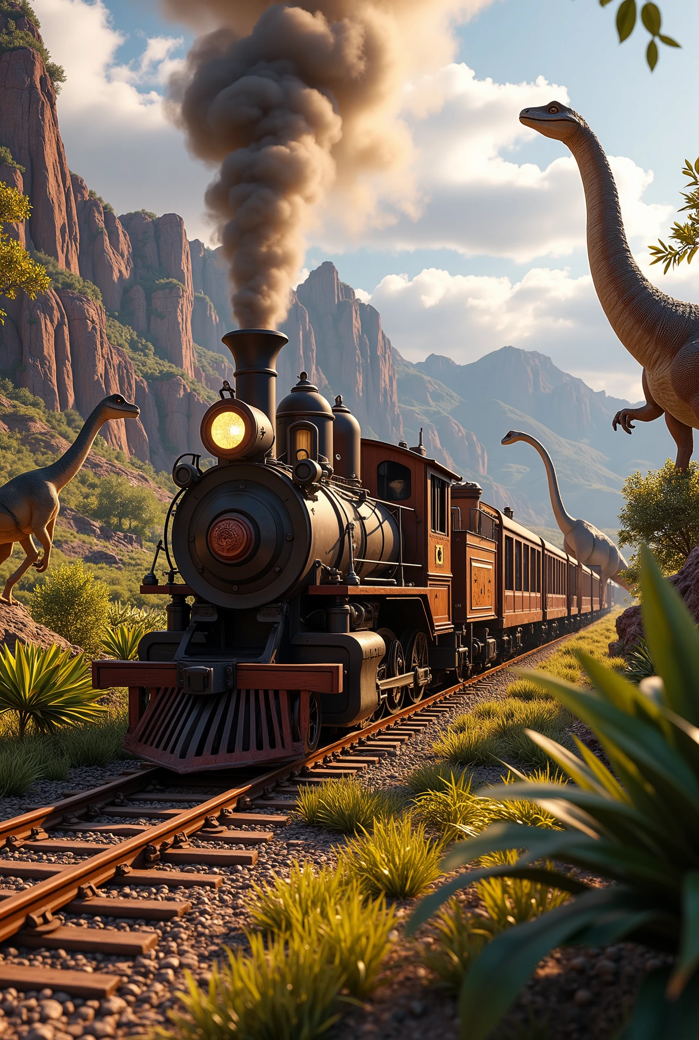 Top Quality, 16k, Incredibly Irrational, Highly Detailed, light particles, soft lighting, volumetric lighting, intricate details, finely detailed, Wild West, wooden train pulled by a steam locomotive, A train running through the wilderness of the American West, surrounded by dinosaurs, Steven Spielberg movie scene, 