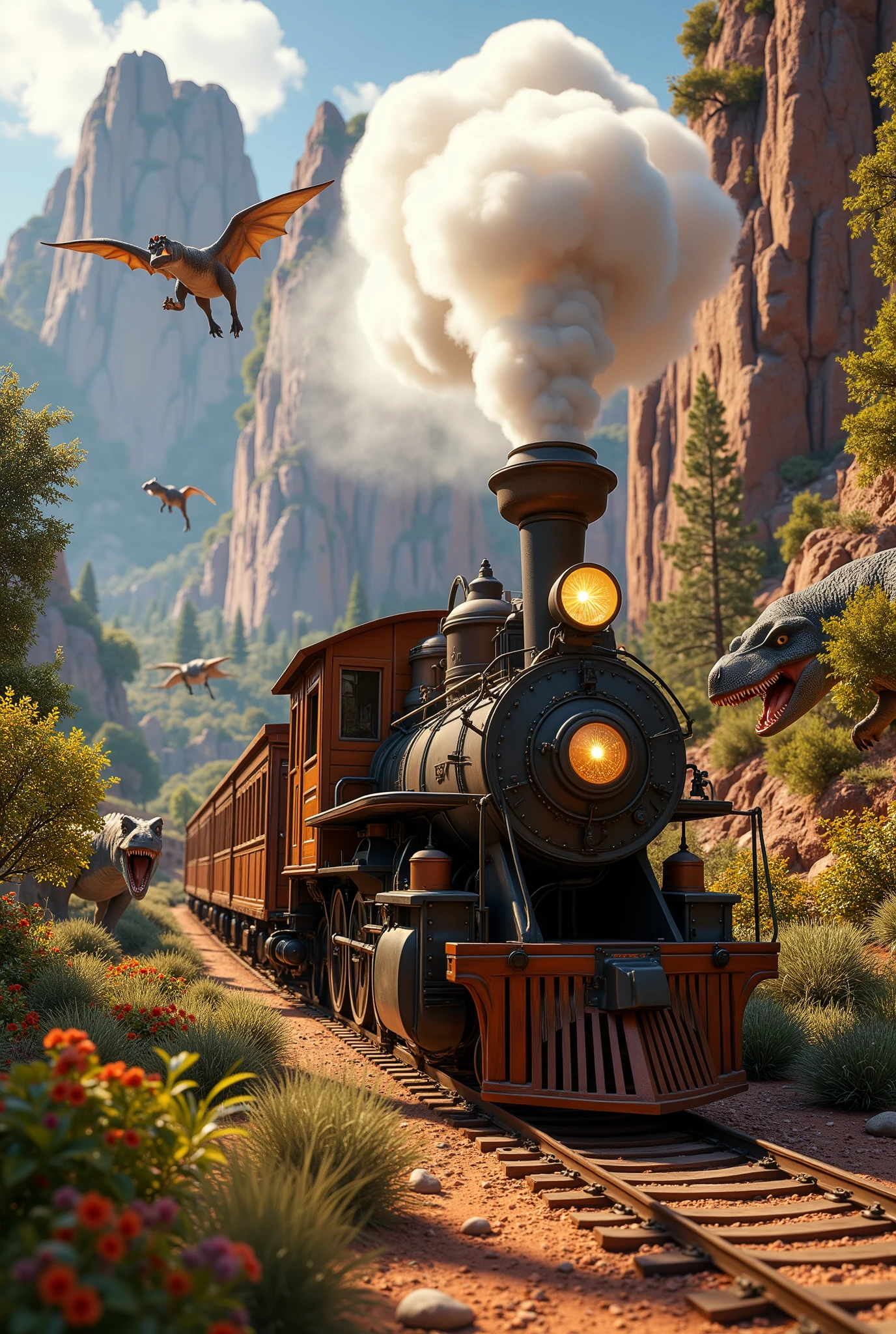 Top Quality, 16k, Incredibly Irrational, Highly Detailed, light particles, soft lighting, volumetric lighting, intricate details, finely detailed, Wild West, wooden train pulled by a steam locomotive, A train running through the wilderness of the American West, surrounded by dinosaurs, Steven Spielberg movie scene, 