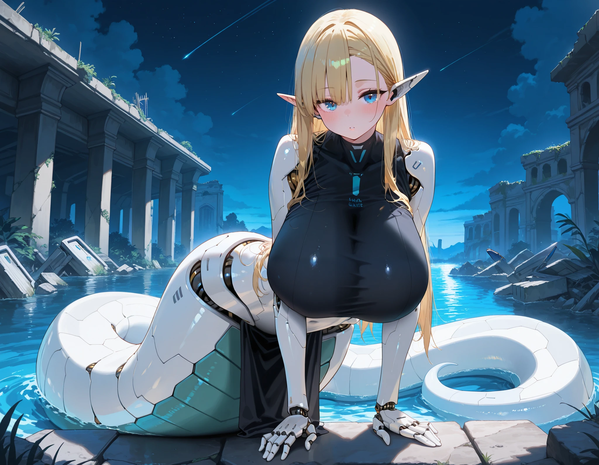 1girl, blue eyes, solo, huge breasts, long hair, blonde hair, white skin, looking at viewer, blush, ruins, outdoor, night, monster girl, elf, lamia, asymmetrical bangs, robot joints, (robot girl:1.4), android, black shirt, taut clothes, sleeveless, pelvic curtain, full body,  masterpiece, best quality, amazing quality, very aesthetic, absurdres, newest,