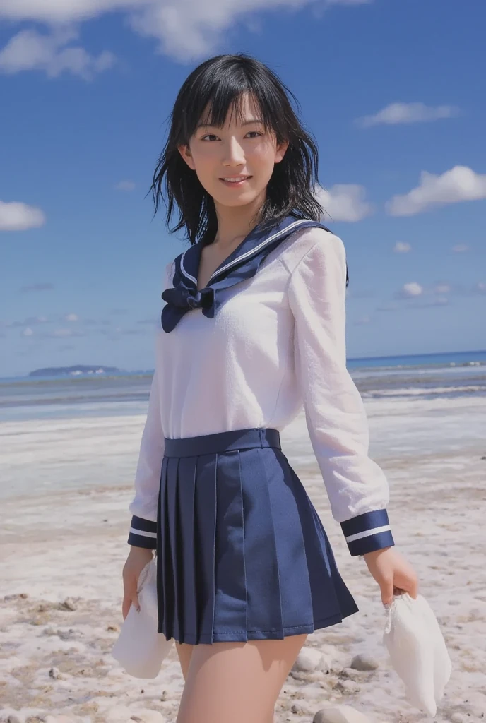 Photorealistic portrait of a Japanese female high school student wearing uniform playing with waves on a summer beach。She is wearing a typical Japanese sailor uniform.、White blouse with navy blue collar and scarf、She is also wearing a navy blue pleated skirt.。 her hair is black 、Shoulder length and straight、Swaying in the sea breeze, it spreads out softly next to my face.。Bangs are long enough to cover the forehead、The humidity of the ocean makes it feel a little fluffy.。Her skin is sunlit、A healthy glow。

She was playing on the beach、Standing barefoot in water。The clear waves of the ocean touch her feet、The gentle splashes of water are depicted in detail.。The hem of the uniform skirt is wet from the waves.、It becomes a little heavy and seems to stick to the skin.。One of her white socks was wet and had a bit of sand on it.、The other one is in my hand、The scene of innocently playing in the sea is depicted realistically.。

Her face is smiling、Lively eyes sparkle with joy。The big black eyes reflect the light reflected by the waves、It gives a sense of fun and innocence。Her mouth is bright and smiling.、Her joyful mood comes naturally.。

In the background、The clear blue sea and white waves spread out、Stretching out to the distant horizon。The beach is dotted with tiny shells and pebbles.、The movement of the waves ebbing and receding at her feet is depicted realistically.。Behind her、White clouds floating in the blue sky、The gentle summer sunshine illuminates the entire beach.。

Her uniform is carefully depicted down to the smallest detail.、The blouse is more wrinkled.、A scarf fluttering in the wind moves naturally。On the beach where she stands、Splashes of water spread around her feet、The sunlight hits the droplets and makes them sparkle.。Around her legs、Droplets of water jump up and splash around、The moment is depicted as if it were a photograph.。

Overall、Her posture and expression、The innocent sight of them playing with the waves、A vivid and realistic reproduction of summer fun。The fresh air of the beach、It conveys the moment of playing with water.、A moving scene is depicted。
