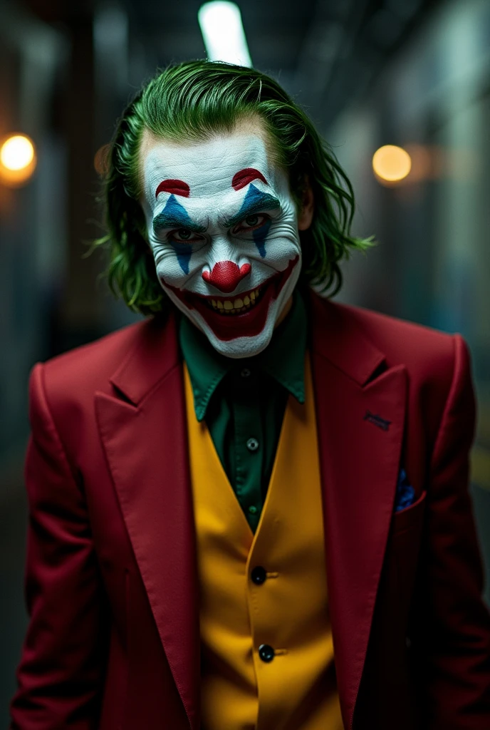 ((masterpiece)) ((photography)) ((Highest quality)) A hyper-realistic and detailed portrait of ((Joaquin Phoenix)) as the Joker. He wears his signature red suit, yellow vest, and green shirt, with his hair slicked back and dyed green. His iconic clown makeup is smudged slightly, giving him an unhinged and chaotic appearance. His expression is intense and unsettling, with a wide, sinister grin that highlights the contrast between his painted smile and his piercing eyes. The background is dark and gritty, with hints of graffiti and dim city lights, capturing the essence of Gotham's underworld. shadows and photo taken with SONY ALPHA 77