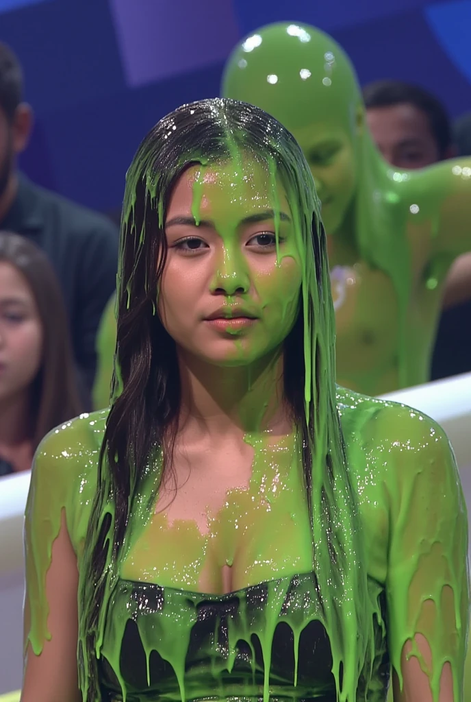 Portrait photograph of Ecuadorian woman covered in green slime. hyper-realistic style. 8k. Photorealistic. Glistening slime. Green slime. Dripping slime. Raw photo. Ecuadorian Instagram influencer. Ecuadorian model. Ecuadorian. (Ecuadorian girl: 1.1). F/1.4 aperture. 35mm. Strapless black dress. Cleavage. Wet. Messy hair. Slime on face. Asian eyes. Gameshow.