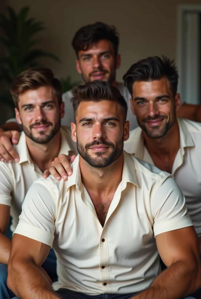 3 brothers laughing and joking. Whole body image of an Absolute monster of a Caucasian bodybuilder in a 'double bicep' pose. Huge huge shoulders, three times as wide as his waist, he is as broad as he is tall. 20 years old. Blond, close cropped beard, powerfully muscled, massive shoulders and biceps. well-defined six pack. Exceptionally thick gold cross necklace. Park background
