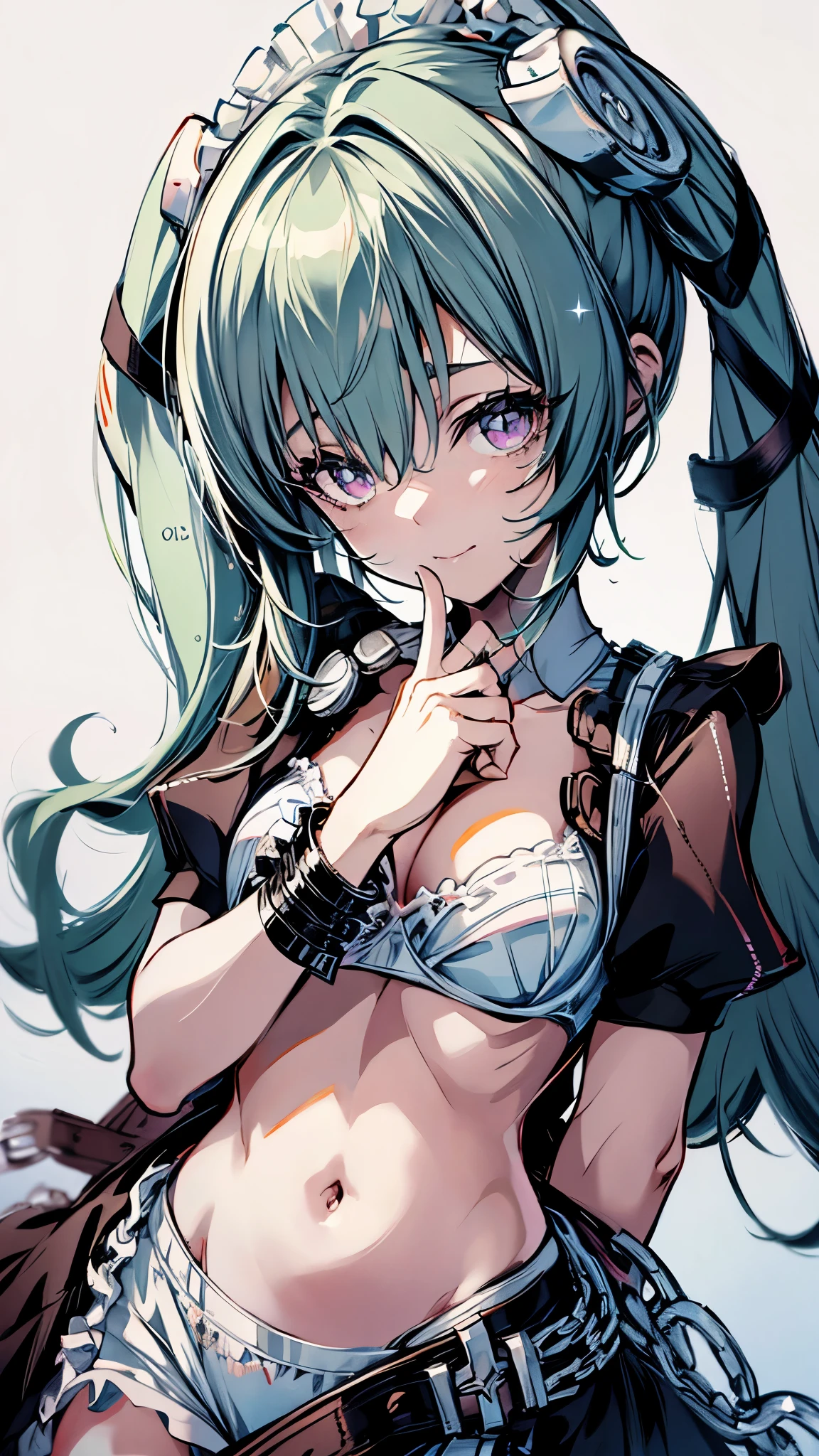 upper body,corin,1girl,solo,chibi,Very young,Short neck,Small breasts,Purple eyes,(Captivating smile), Twin tails,Screw Accessories,Green Hair,handcuffs,(white bra,white panty:1.3),undressing,masterpiece,Noise Reduction,perfect anatomy,high resolution, ultra-detailed, ultra-detailed face,game cg,dutch angle ,beautiful detailed eyes,visualart,five fingers, perfect hands, perfect lighting, sparkling pupils,