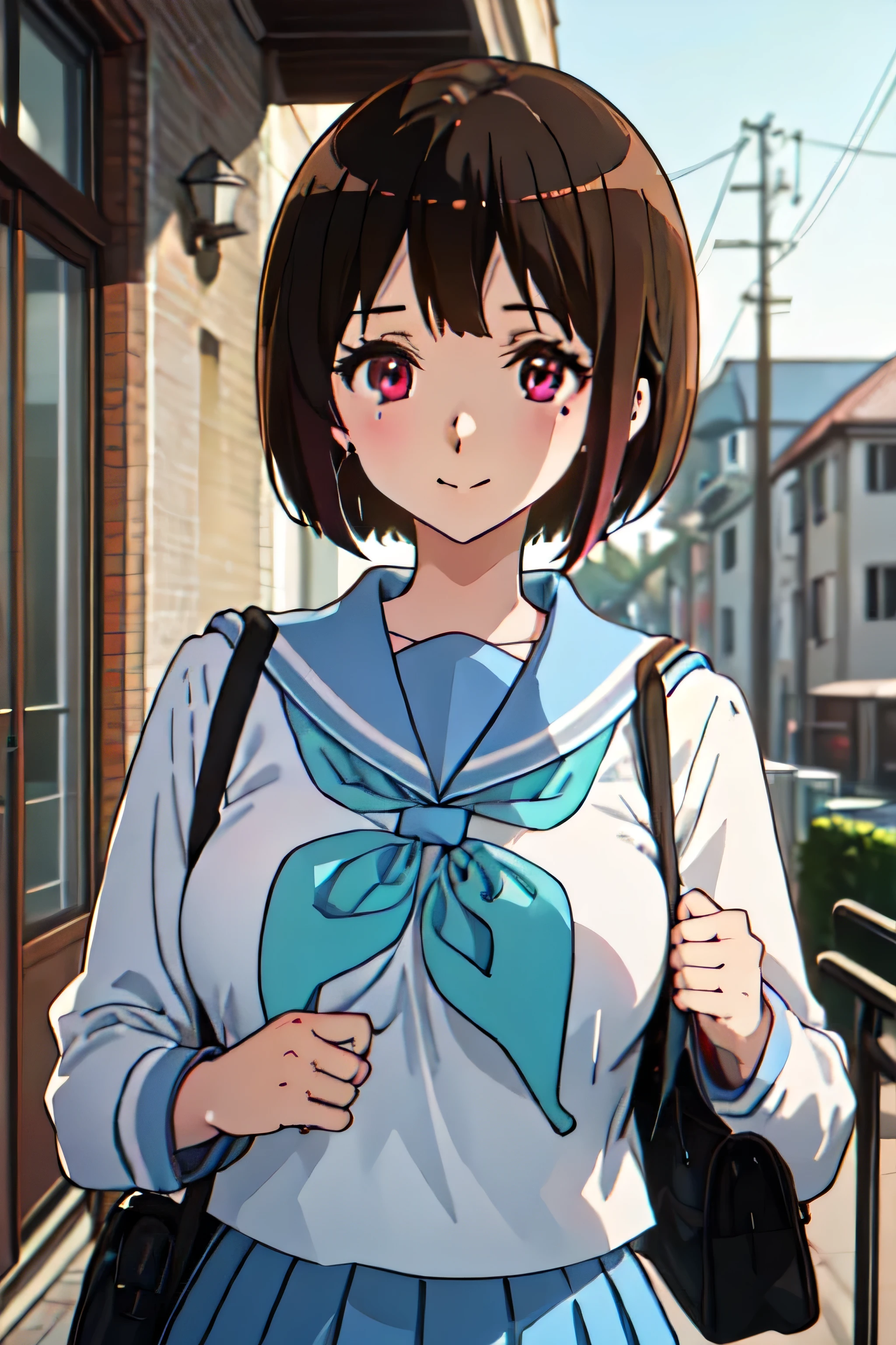  best quality, masterpiece, High res, Alone, {Nakaseko_Kaori_SoundEuphonium:1.15}, short_hair, brown_hair, mole_Down_eye, , red_eyes, 前hair,  1 girl , brown_ shirt, closure_mouth, Watching_ viewer, Outdoor, Sailor服, School_uniform,  shirt, smile, white_Sailor_ color, bag, green_ Neckerchief , colorbone, length_sleeve, with very big breasts , breast, Sailor服の上にwhite色のブラジャー