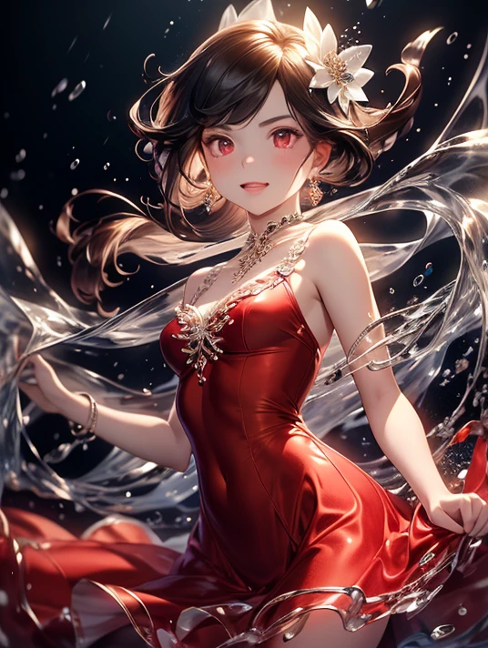 (Fluid Art),( Masterpiece),(8k anime), High Quality ,(perfect anatomy),( small breasts),( One Beautiful Girl ), owl under guard，(Alone),( dark hair like silk),Pale skin, beautiful detailed red eyes , ( very detailed elegant),( fusion dress and water ),((Fluid dress })),(( water skirt )),( swimsuit),(Red water), ( Red Dress),Ink splash,Red splash , magical color and atmosphere ,  detailed skin,背景teethやわらかくぼやけています, adds a dramatic and iconic element to the scene ,  Depth of Written Boundary, Bokeh, Silky to the touch,  HYPER DETAILS ,( black background),Beautiful blue water, teeth、 creates a dreamy and elegant atmosphere, Film Lighting , cowboy shooting alone