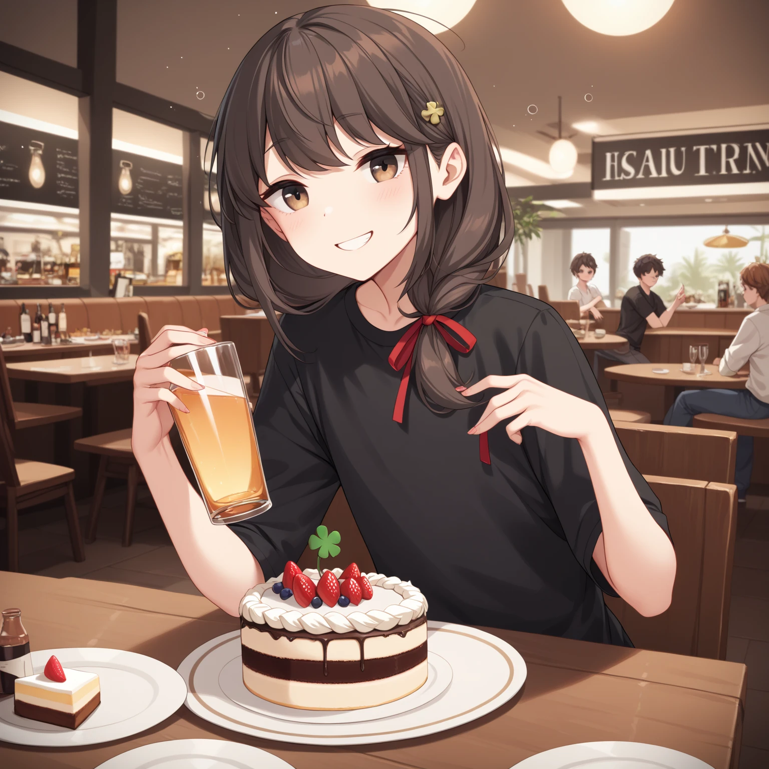  (8k), (  very detailed), (   Best Illustration   ), . flat chested。black shirt dress。  big red ribbon barrette。Four leaf clover in hair 。adult。Slightly brown black hair。Shima Rin, cake。Four leaf clover in hair。 medium hair。 wine glass。Being drunk。smile。adult。 casual。 Italian restaurant 。Trying to make me drink 