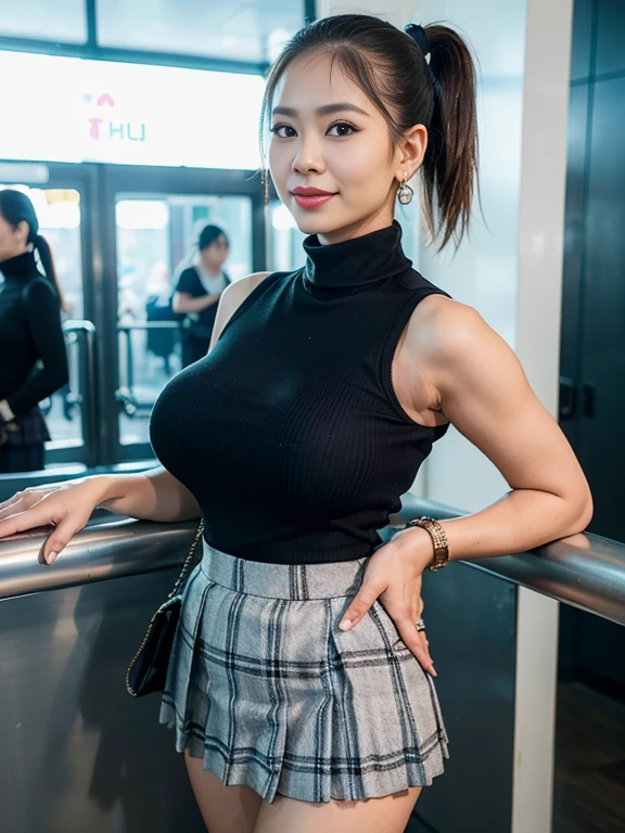 ((Thai Women)),(sleeveless turtleneck:1.3),(highest quality, 8K, masterpiece:1.3),(long shot:1.5),(super highponytail:1.3),((Tight plaid short skirt:1.2)),(huge breasts:1.3)、thin waist、escalator,watch,(mole under eye)、(biologically correct hand)、smile cutely、Ring earrings、